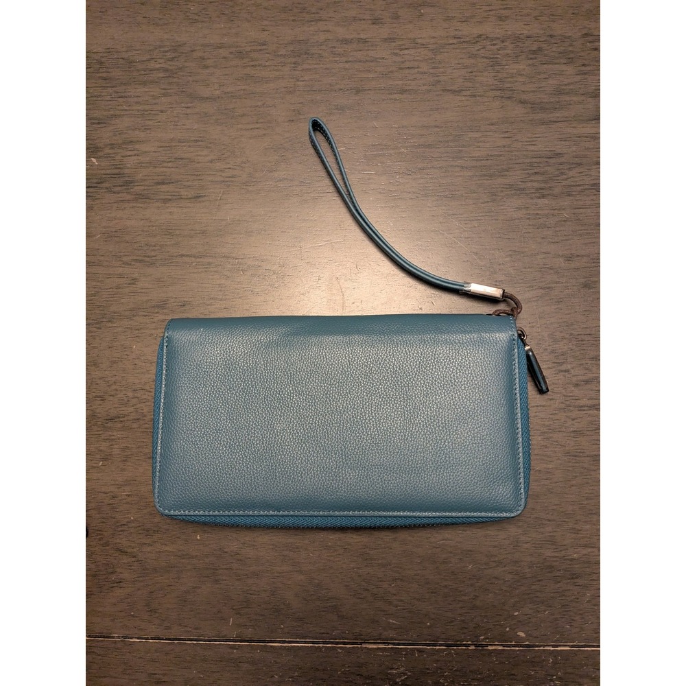 Bveyzi Teal Blue Pebbled Leather Zip Around Wristlet Wallet RFID Blocking Clutch
